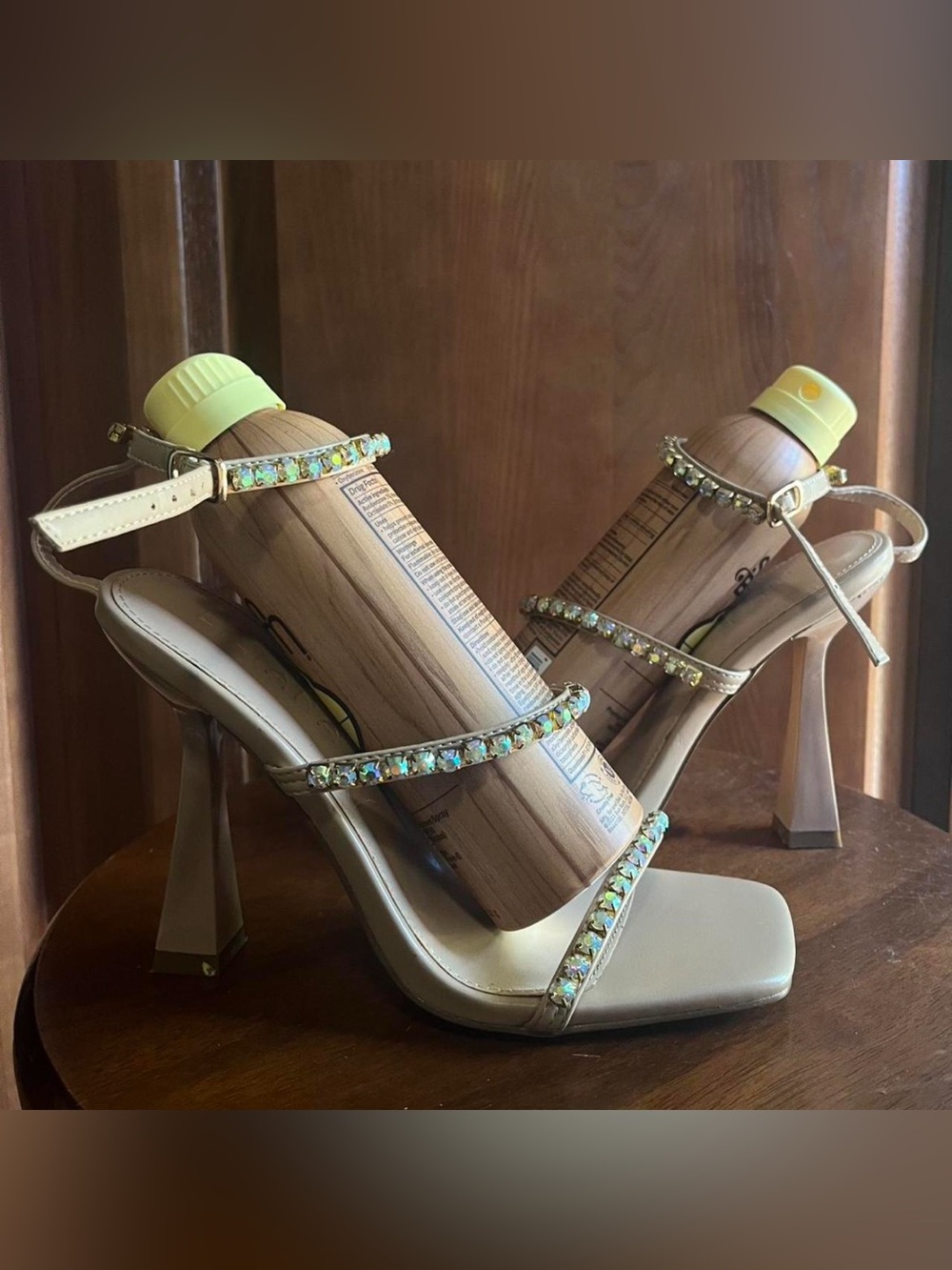 Embellished Beige Strappy, Square Toe High Heel Sandals